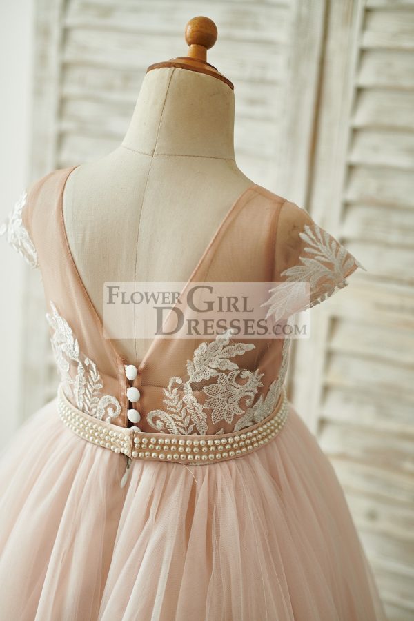 Pink Lace Tulle V Back Cap Sleeves Floor Length Wedding Flower Girl Dress - Image 4