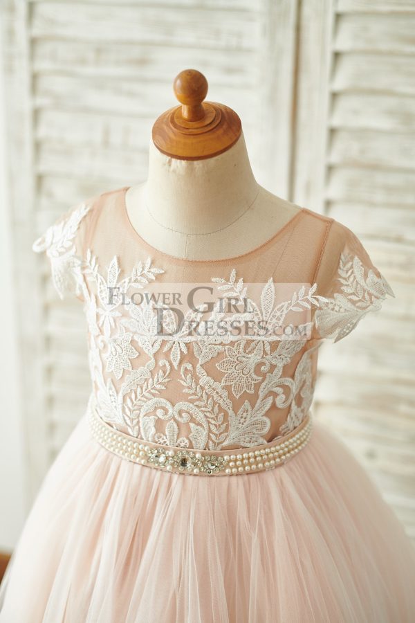 Pink Lace Tulle V Back Cap Sleeves Floor Length Wedding Flower Girl Dress - Image 3