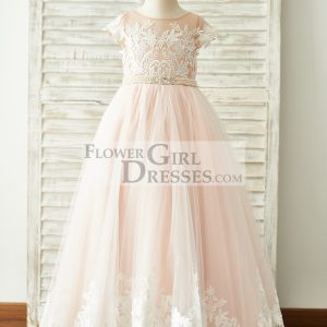 Pink Lace Tulle V Back Cap Sleeves Floor Length Wedding Flower Girl Dress