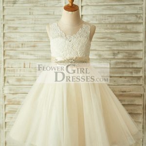 Light Champagne Lace Tulle Sheer Back Wedding Flower Girl Dress, Belt