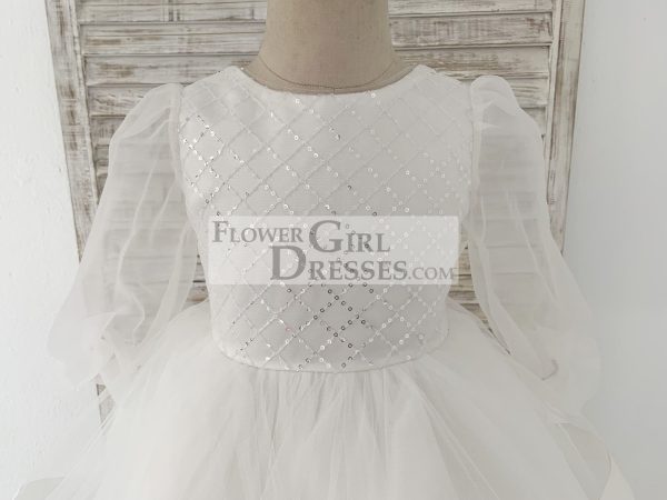 Long Organza Sleeves Sequin Tulle V Back Wedding Flower Girl Dress - Image 3
