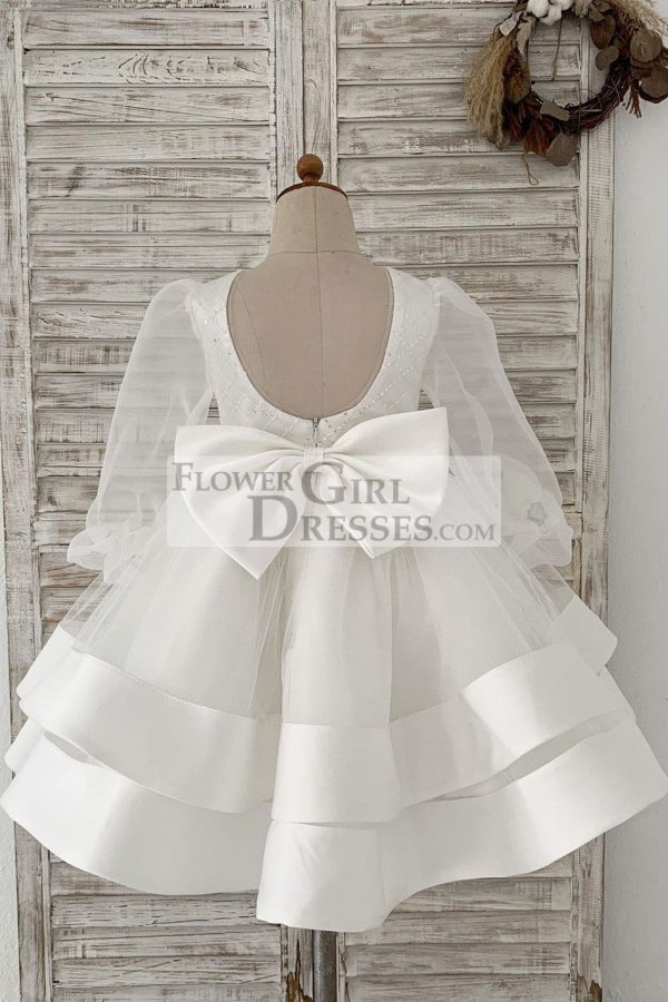 Long Organza Sleeves Sequin Tulle V Back Wedding Flower Girl Dress - Image 2