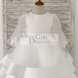 Long Organza Sleeves Sequin Tulle V Back Wedding Flower Girl Dress