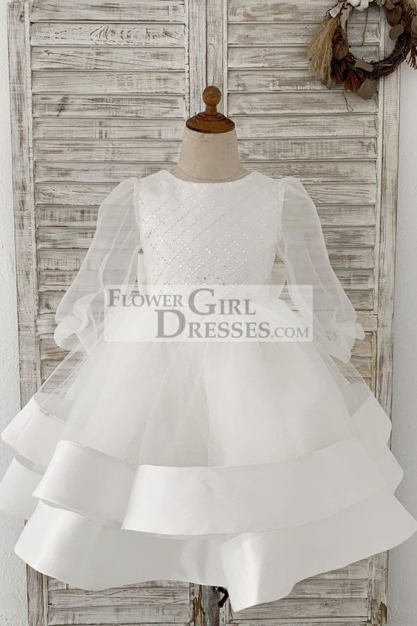 Long Organza Sleeves Sequin Tulle V Back Wedding Flower Girl Dress