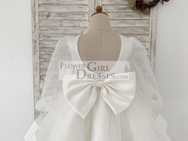 Long Organza Sleeves Sequin Tulle V Back Wedding Flower Girl Dress - Image 5