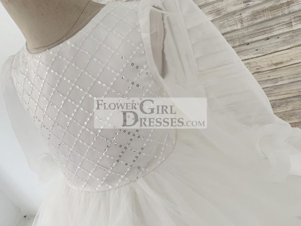 Long Organza Sleeves Sequin Tulle V Back Wedding Flower Girl Dress - Image 4