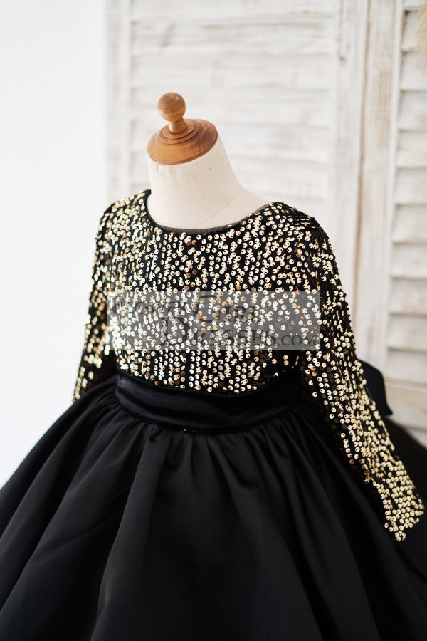 Long Sleeves Gold Sequin Black Satin V Back Wedding Flower Girl Dress - Image 3