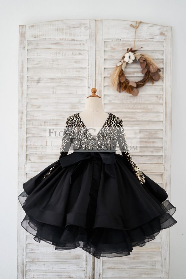 Long Sleeves Gold Sequin Black Satin V Back Wedding Flower Girl Dress - Image 2