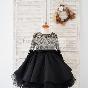 Long Sleeves Gold Sequin Black Satin V Back Wedding Flower Girl Dress