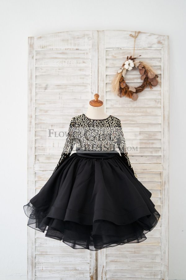 Long Sleeves Gold Sequin Black Satin V Back Wedding Flower Girl Dress