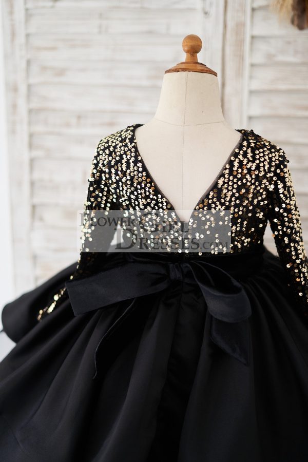 Long Sleeves Gold Sequin Black Satin V Back Wedding Flower Girl Dress - Image 4