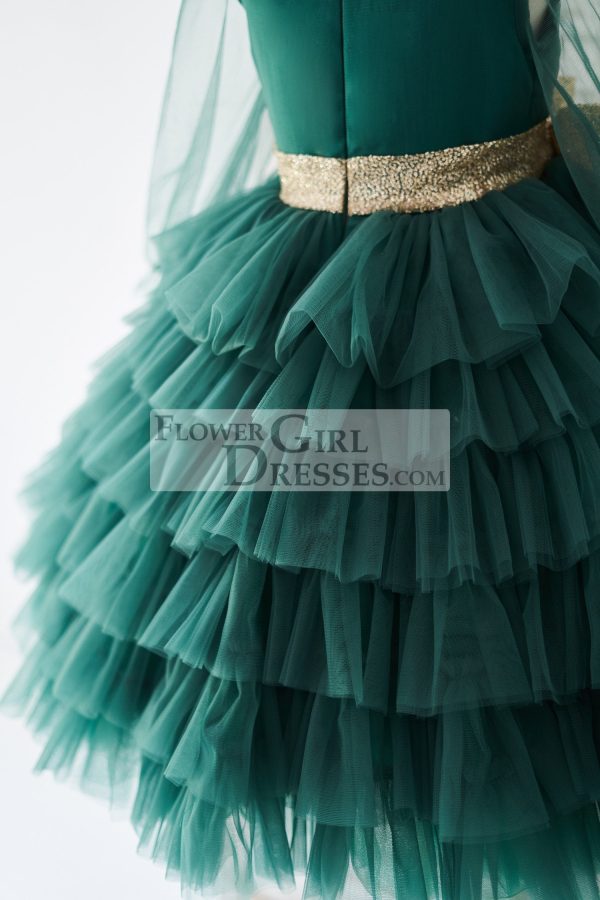 Long Sleeves Green Tulle Cupcake Wedding Flower Girl Dress - Image 4