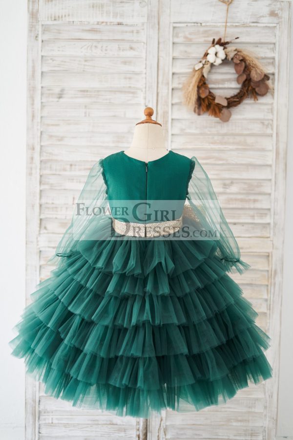 Long Sleeves Green Tulle Cupcake Wedding Flower Girl Dress - Image 2