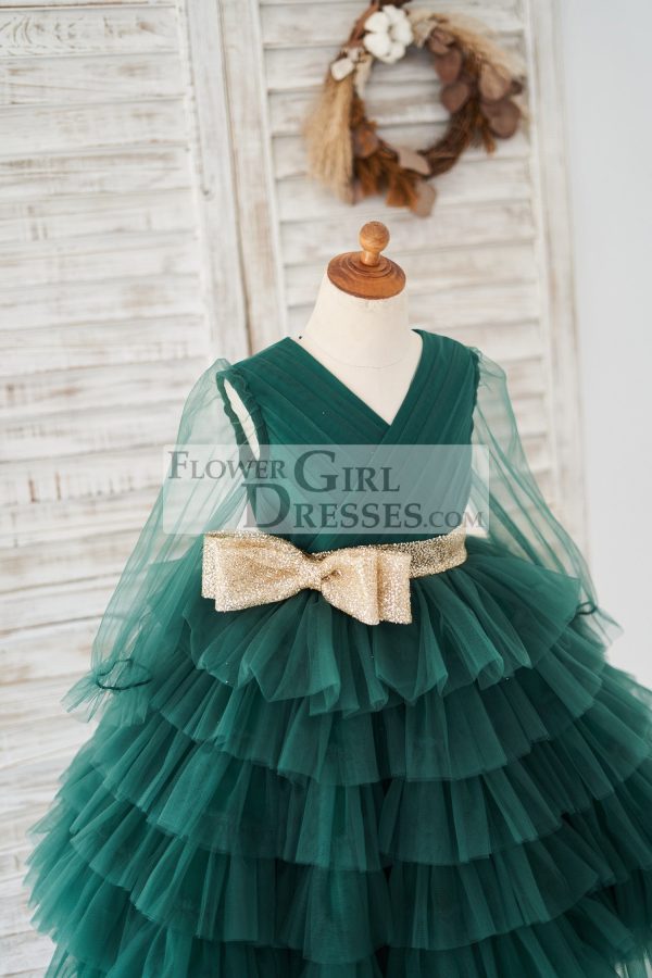 Long Sleeves Green Tulle Cupcake Wedding Flower Girl Dress - Image 3