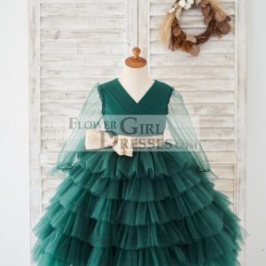 Long Sleeves Green Tulle Cupcake Wedding Flower Girl Dress