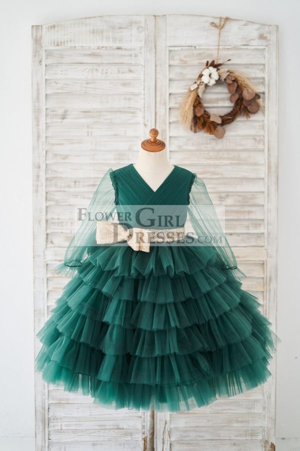 Long Sleeves Green Tulle Cupcake Wedding Flower Girl Dress