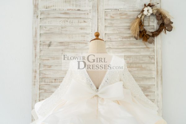 Long Sleeves V Back Crystal Beaded Tulle Satin Wedding Flower Girl Dress - Image 5