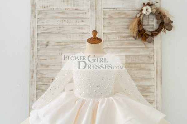 Long Sleeves V Back Crystal Beaded Tulle Satin Wedding Flower Girl Dress - Image 3