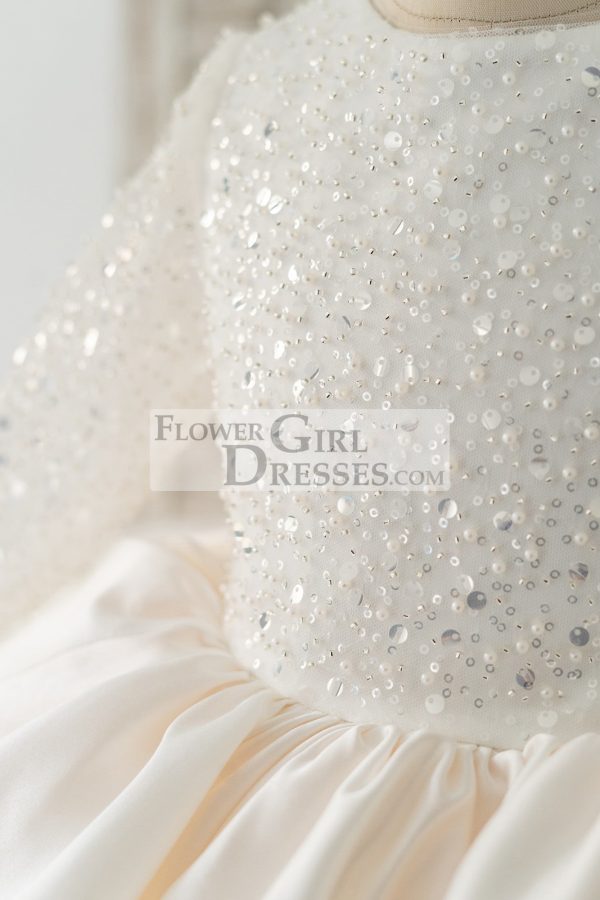 Long Sleeves V Back Crystal Beaded Tulle Satin Wedding Flower Girl Dress - Image 4