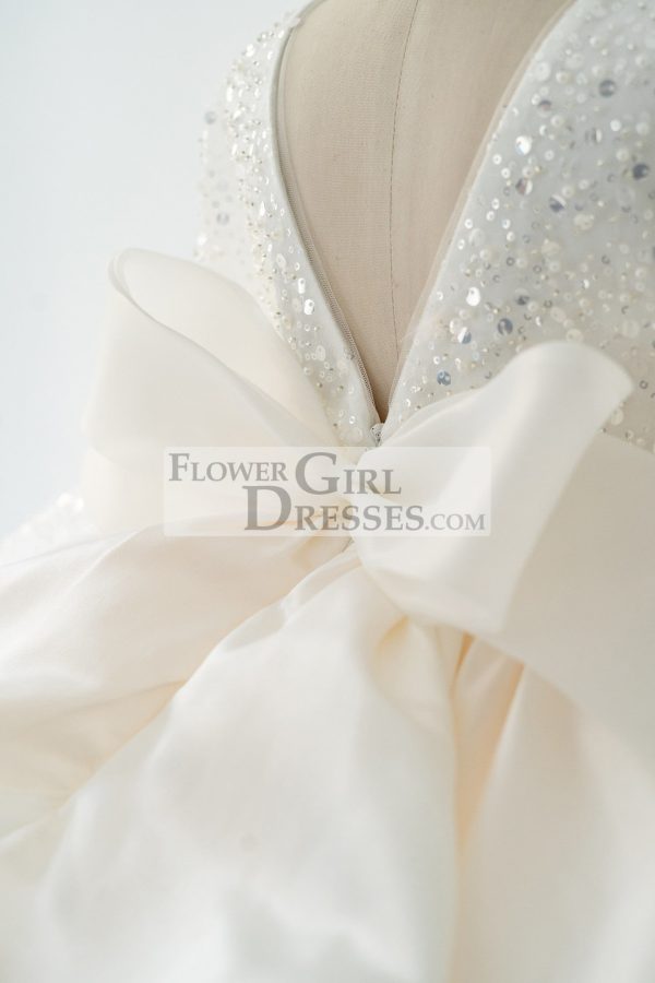 Long Sleeves V Back Crystal Beaded Tulle Satin Wedding Flower Girl Dress - Image 6