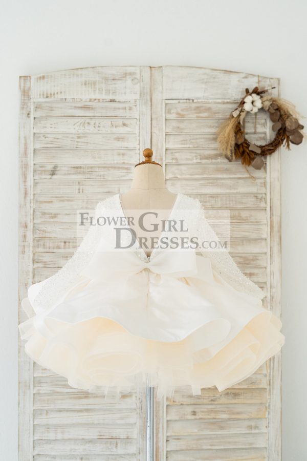 Long Sleeves V Back Crystal Beaded Tulle Satin Wedding Flower Girl Dress - Image 2
