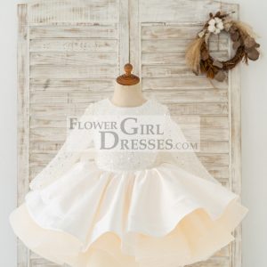 Long Sleeves V Back Crystal Beaded Tulle Satin Wedding Flower Girl Dress