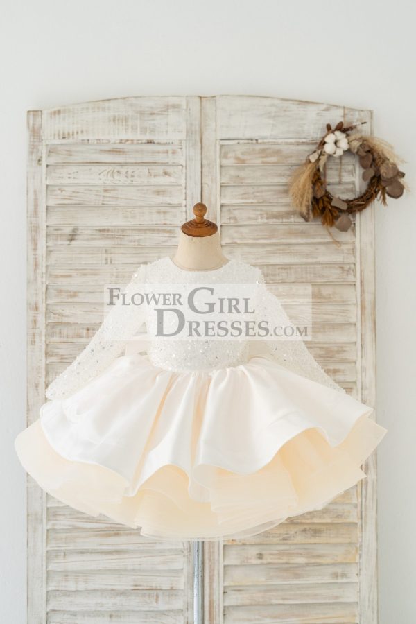 Long Sleeves V Back Crystal Beaded Tulle Satin Wedding Flower Girl Dress