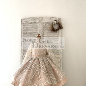 Long Sleeves V Back Glittering Lace Champagne Satin Wedding Flower Girl Dress
