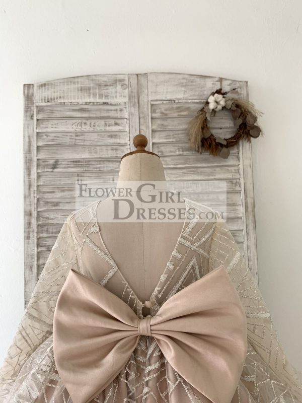 Long Sleeves V Back Glittering Lace Champagne Satin Wedding Flower Girl Dress - Image 6
