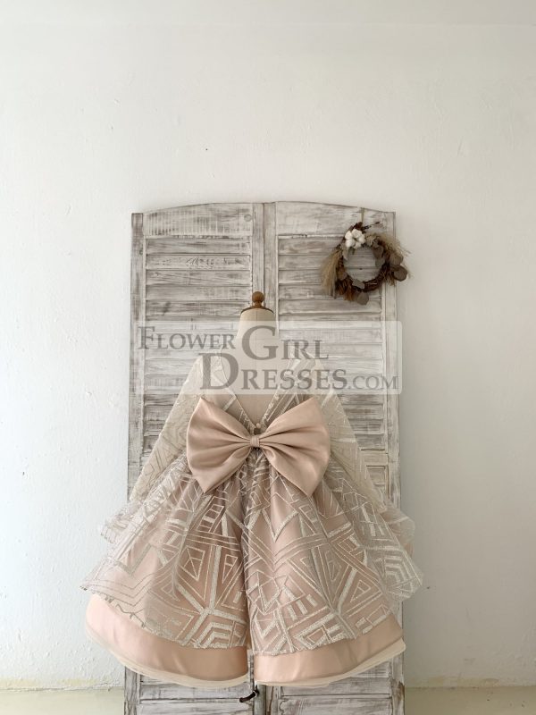 Long Sleeves V Back Glittering Lace Champagne Satin Wedding Flower Girl Dress - Image 2