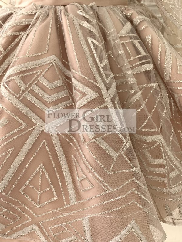 Long Sleeves V Back Glittering Lace Champagne Satin Wedding Flower Girl Dress - Image 5