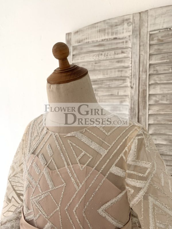 Long Sleeves V Back Glittering Lace Champagne Satin Wedding Flower Girl Dress - Image 3