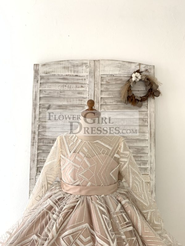 Long Sleeves V Back Glittering Lace Champagne Satin Wedding Flower Girl Dress - Image 4