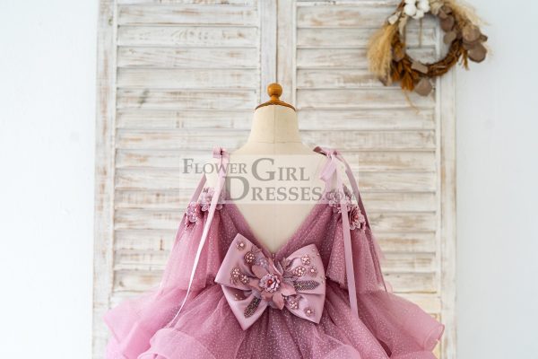 Mauve Glittering Tulle Spaghetti Straps V Back Wedding Flower Girl Dress - Image 4