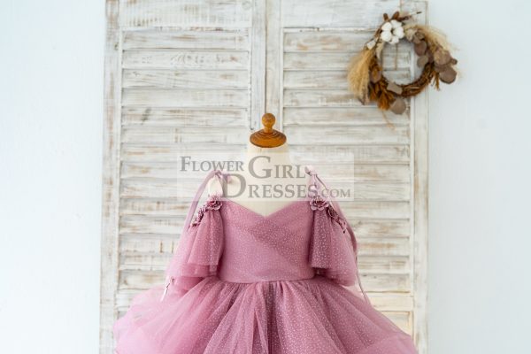 Mauve Glittering Tulle Spaghetti Straps V Back Wedding Flower Girl Dress - Image 3
