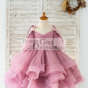 Mauve Glittering Tulle Spaghetti Straps V Back Wedding Flower Girl Dress