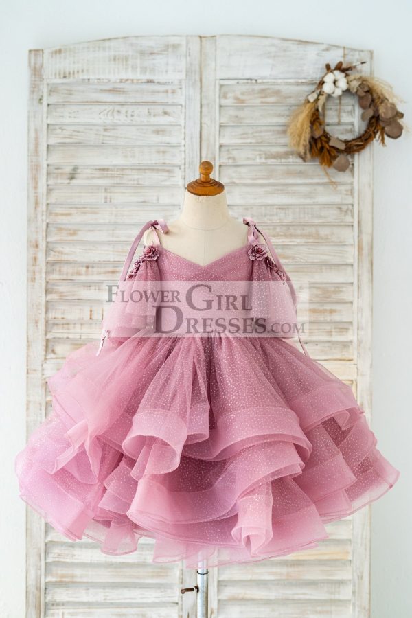 Mauve Glittering Tulle Spaghetti Straps V Back Wedding Flower Girl Dress
