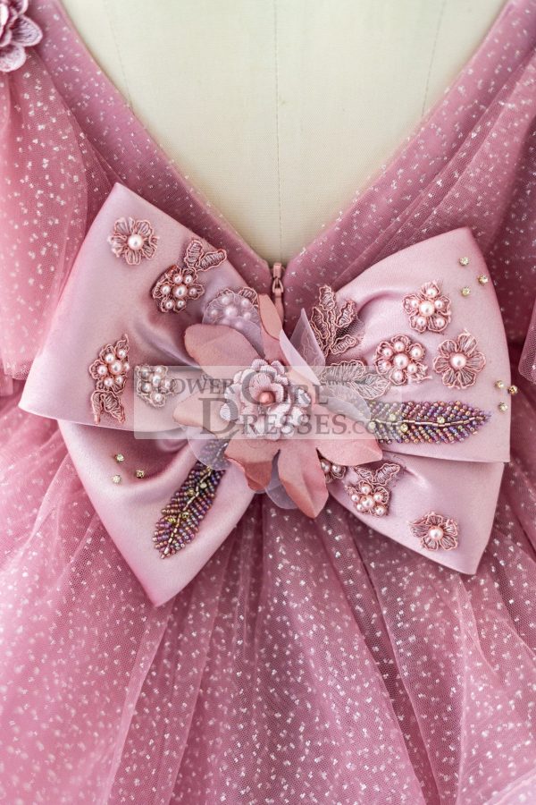 Mauve Glittering Tulle Spaghetti Straps V Back Wedding Flower Girl Dress - Image 5