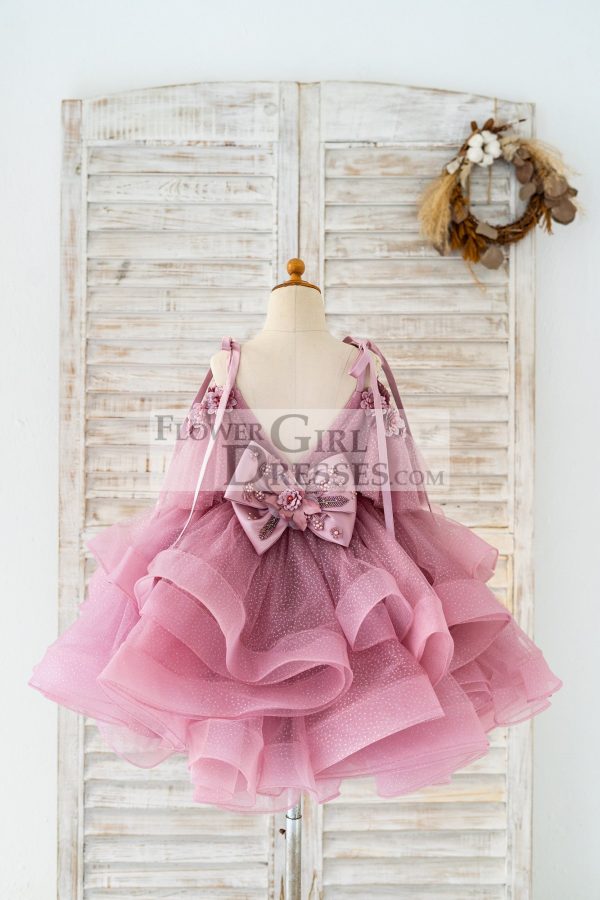 Mauve Glittering Tulle Spaghetti Straps V Back Wedding Flower Girl Dress - Image 2