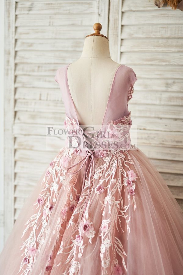 Mauve Lace Tulle 3D Flowers V Back Cap Sleeves Wedding Flower Girl Dress - Image 4