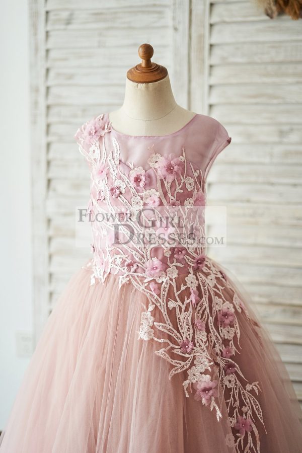 Mauve Lace Tulle 3D Flowers V Back Cap Sleeves Wedding Flower Girl Dress - Image 3