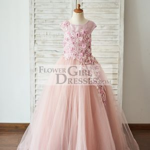 Mauve Lace Tulle 3D Flowers V Back Cap Sleeves Wedding Flower Girl Dress