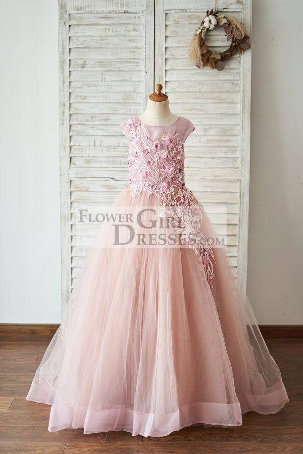 Mauve Lace Tulle 3D Flowers V Back Cap Sleeves Wedding Flower Girl Dress
