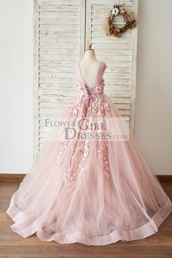Mauve Lace Tulle 3D Flowers V Back Cap Sleeves Wedding Flower Girl Dress - Image 2
