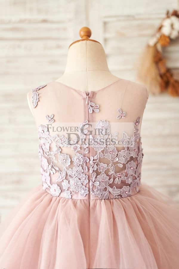 Mauve Lace Tulle Floor Length Wedding Flower Girl Dress - Image 4