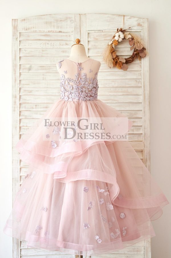 Mauve Lace Tulle Floor Length Wedding Flower Girl Dress - Image 2
