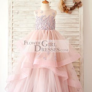 Mauve Lace Tulle Floor Length Wedding Flower Girl Dress