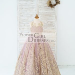 Mauve Tulle Gold Lace Sheer Back Wedding Flower Girl Dress Kids Party Dress