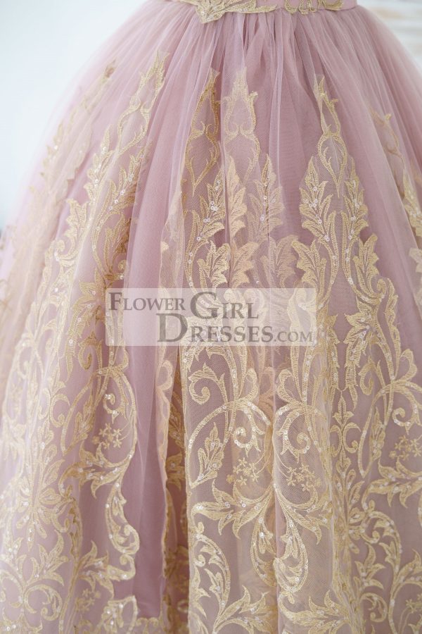 Mauve Tulle Gold Lace Sheer Back Wedding Flower Girl Dress Kids Party Dress - Image 5
