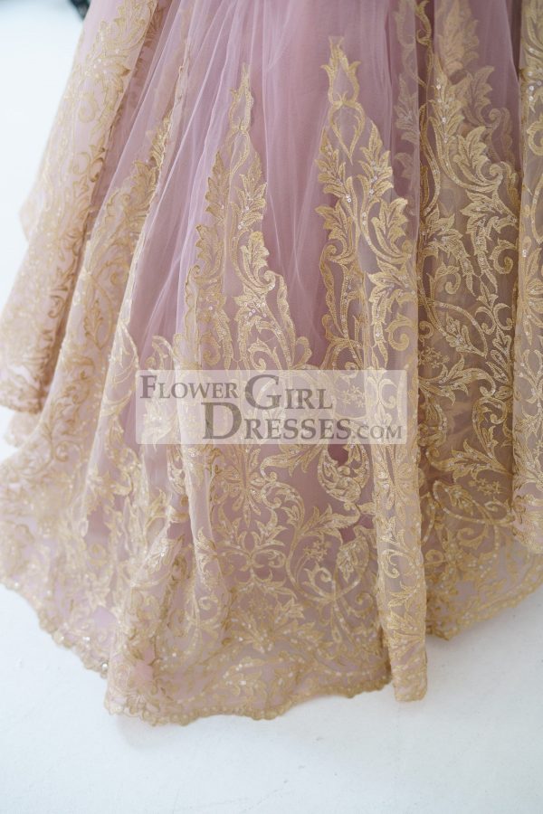 Mauve Tulle Gold Lace Sheer Back Wedding Flower Girl Dress Kids Party Dress - Image 6